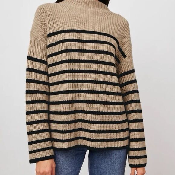 Rails Claudia Stripe Funnel Neck Sweater in Camel/Ebony Size Large - Picture 3 of 11